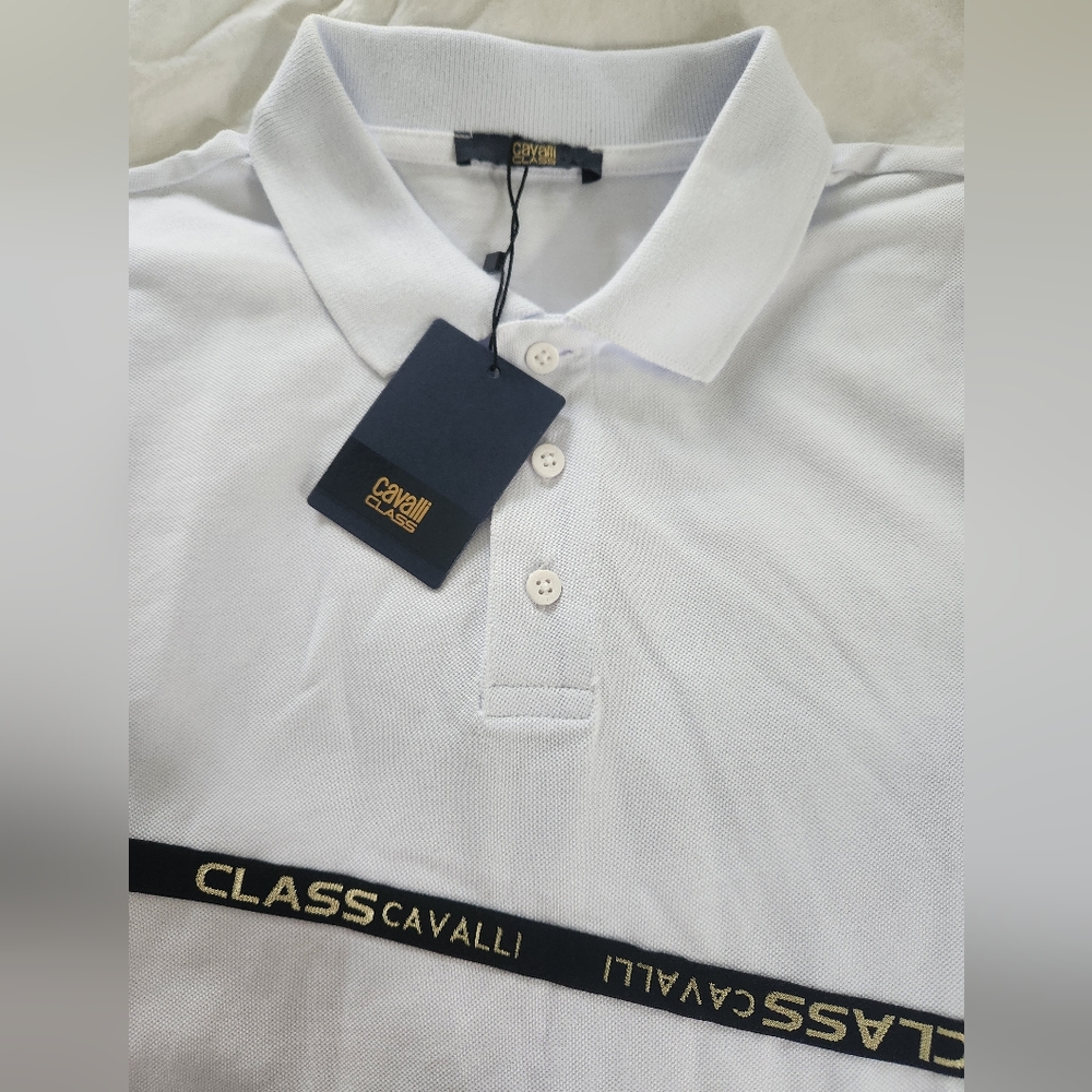 Roberto Cavalli Class Cotton Polo Shirt Mens Size XL White Logo, new with tags